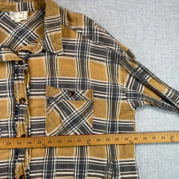 Oli & Hali Distressed Longline Flannel Shirt Women S Yellow Gray Plaid Grunge - Picture 6 of 10